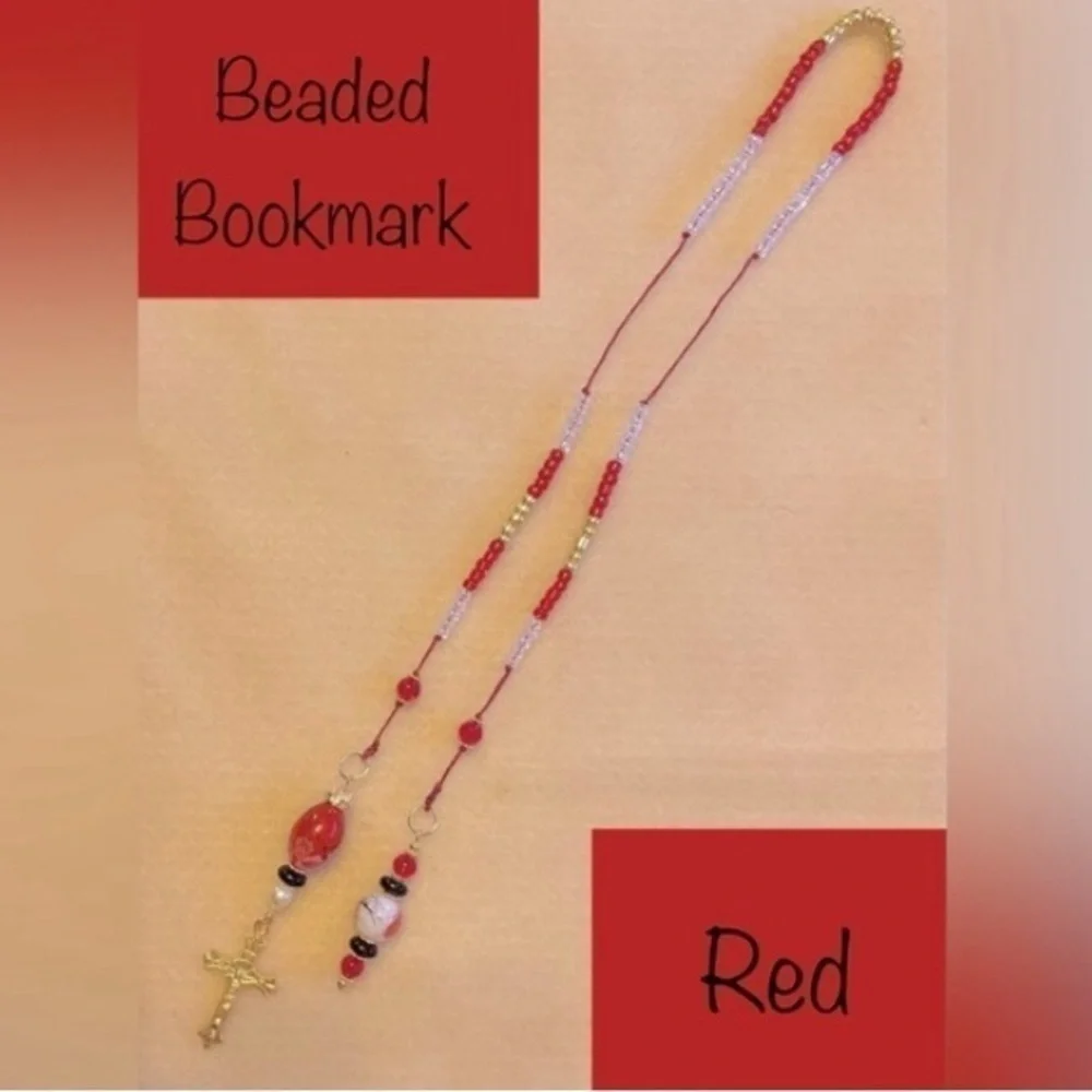 ECCENTRIC HANDCRAFTED Red/White/Black Beaded Bookmark with Golden Cross